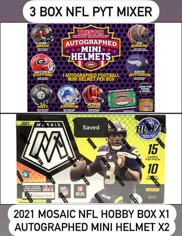 #1 - 3 Box NFL PYT Mixer: 2021 Mosaic NFL Hobby Box x1 + Autographed Mini Helmets x2 (4/5 Break)